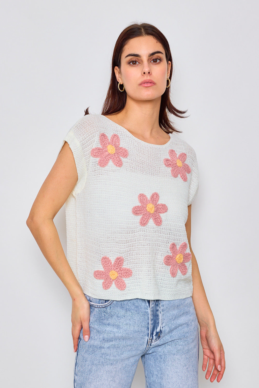 Top léger en maille avec motifs fleuris - 2374