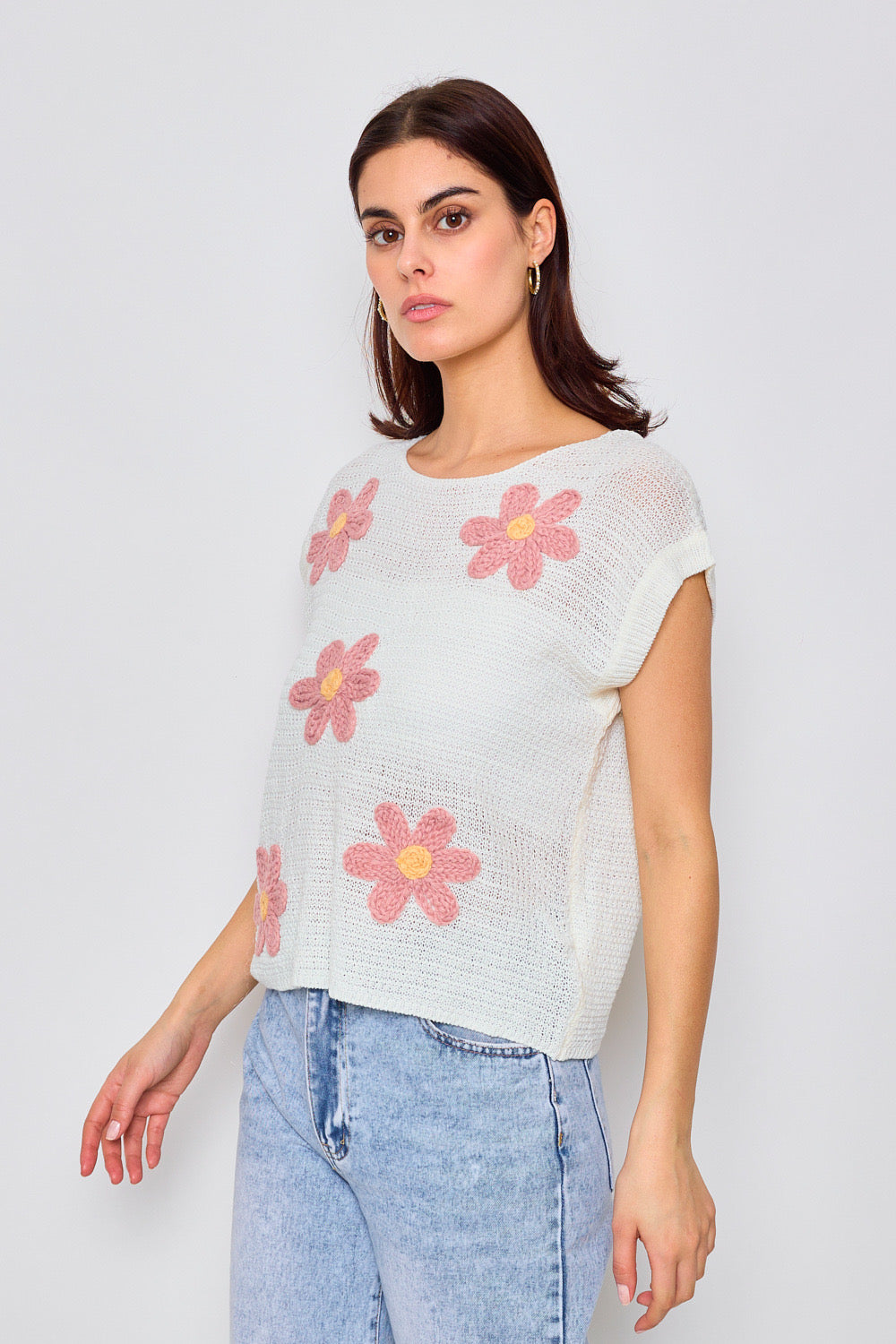 Top léger en maille avec motifs fleuris - 2374