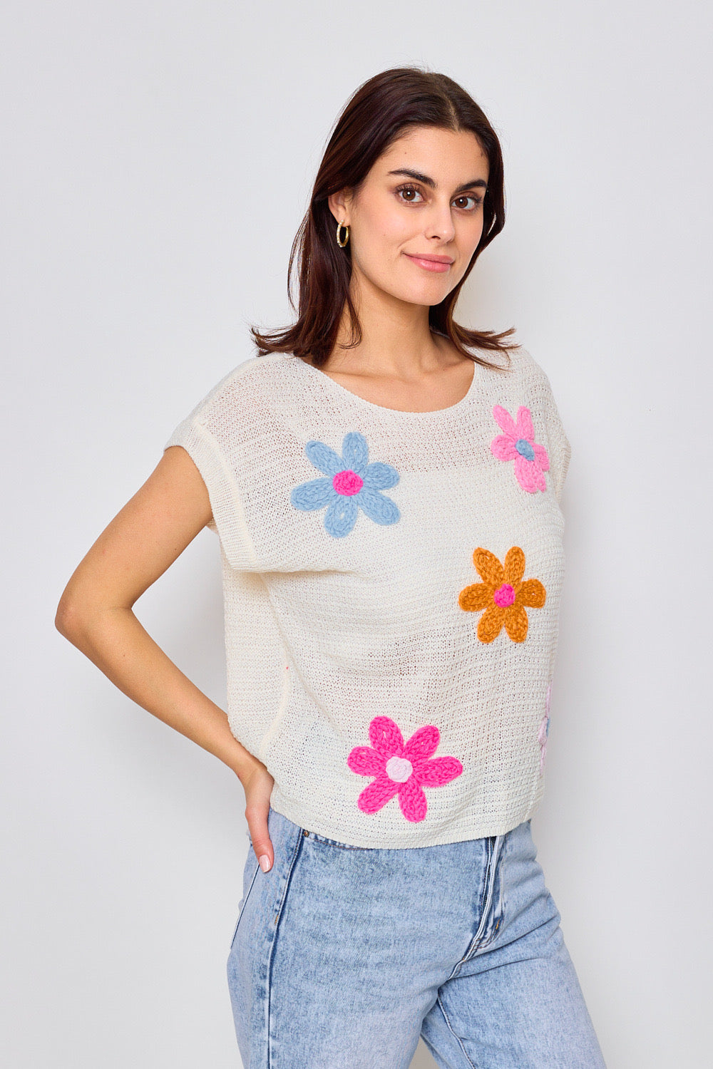 Top léger en maille avec motifs fleuris - 2374