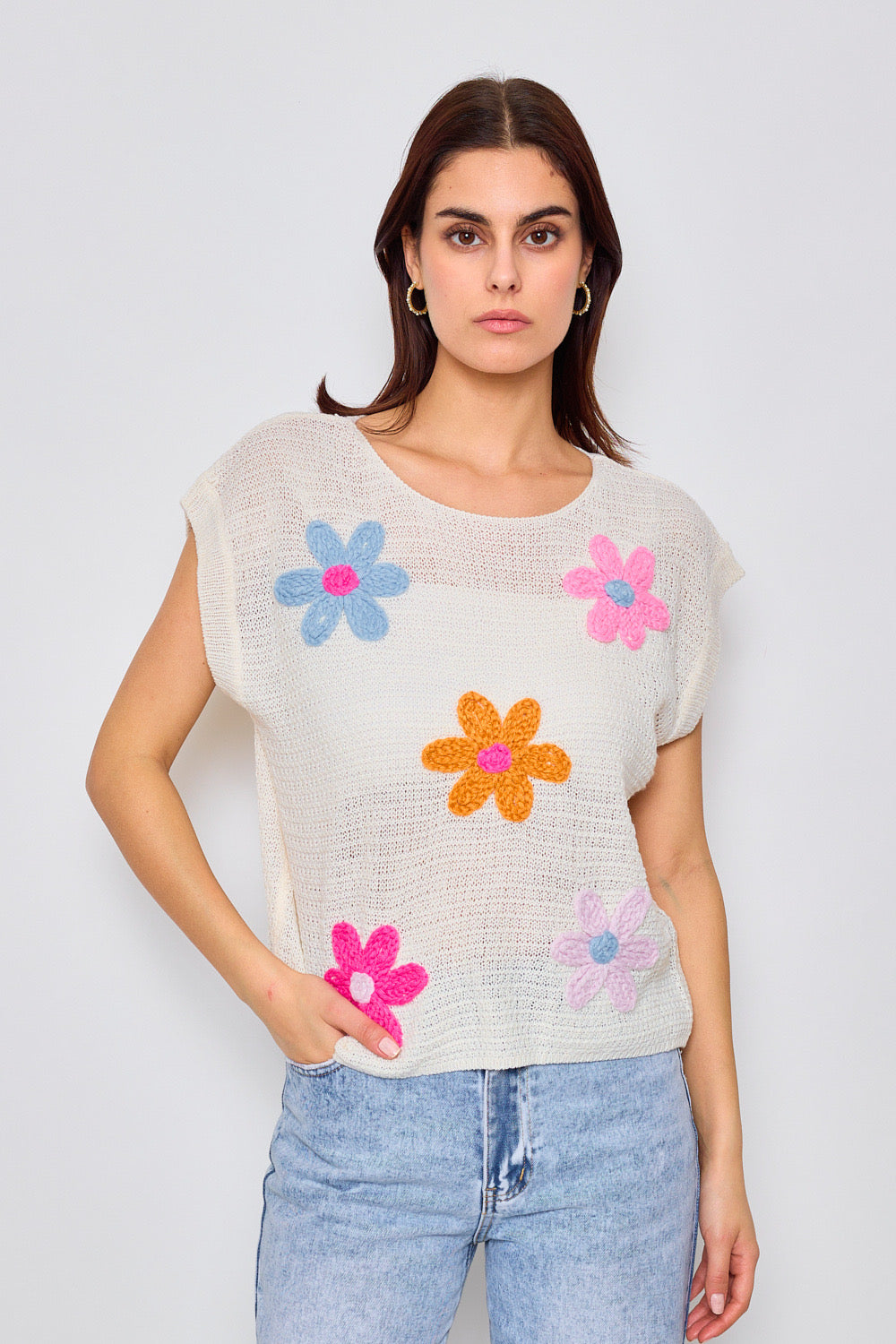 Top léger en maille avec motifs fleuris - 2374