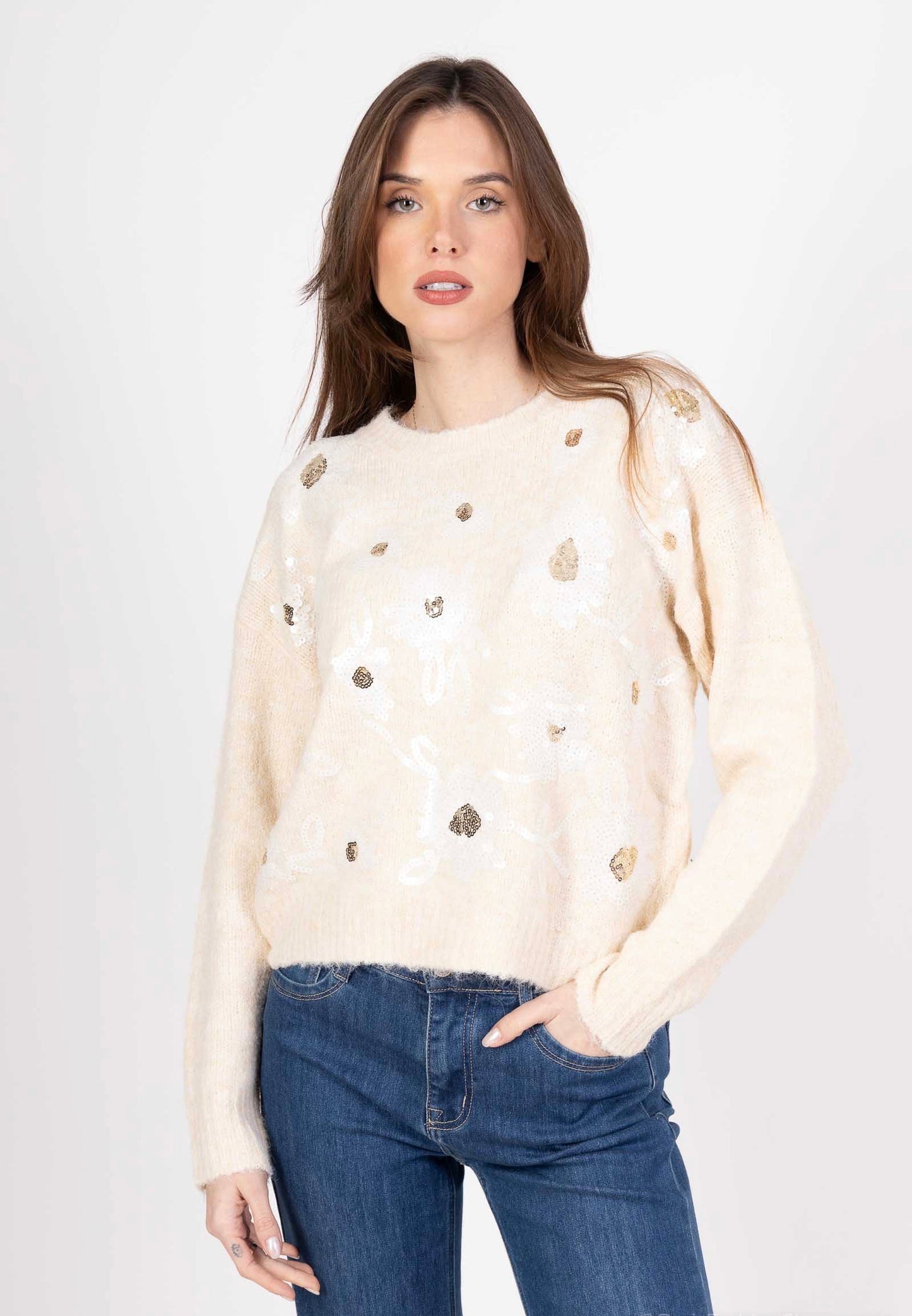 Pull en maille doux au toucher avec strass brodés en fleurs - 5378