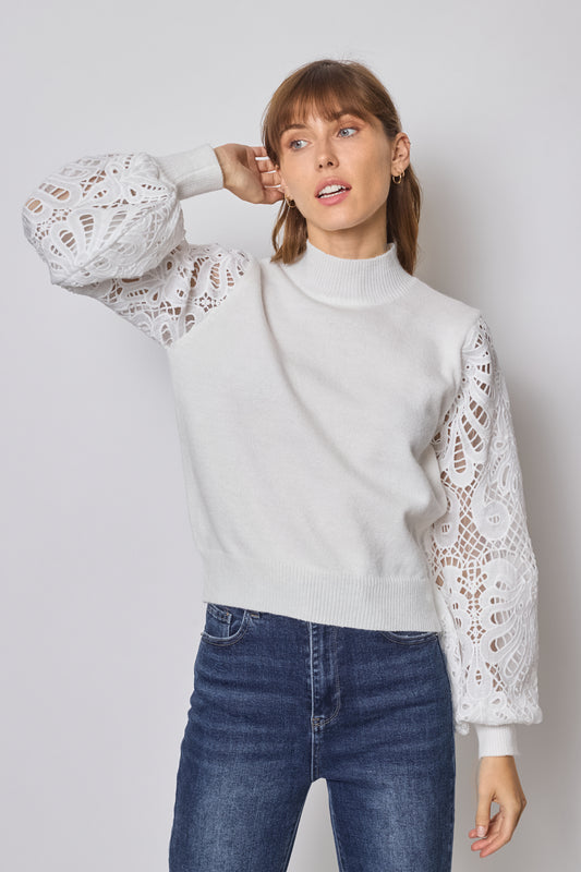 SWEATER WITH LACE SLEEVES - 606
