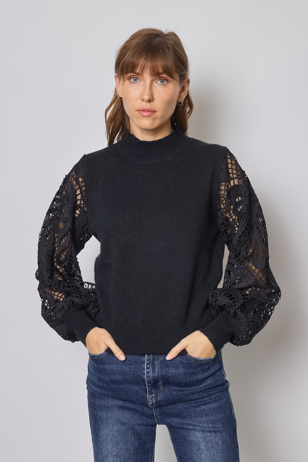 SWEATER WITH LACE SLEEVES - 606