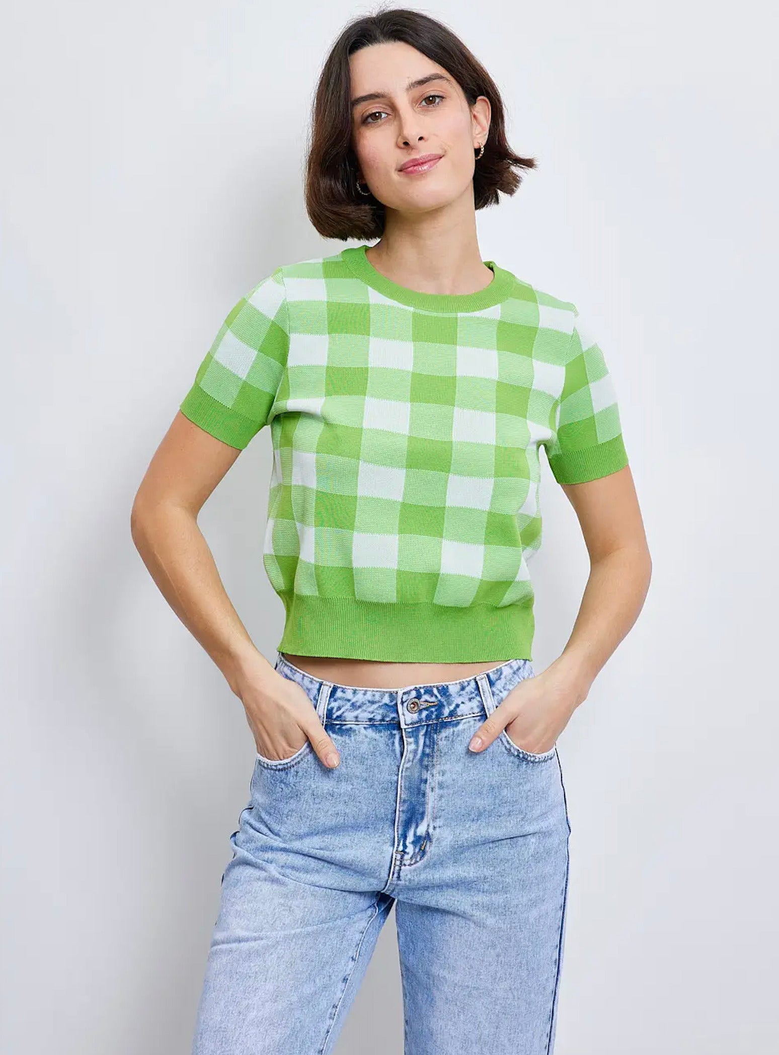 Pull manches courtes en maille à carreaux - 2339
