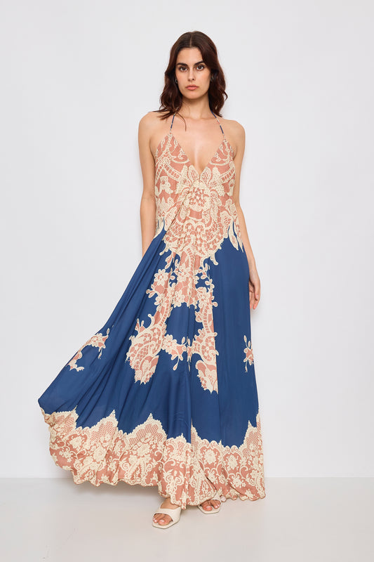 Robe longue dos nue avec strass - F5527A-BLEU