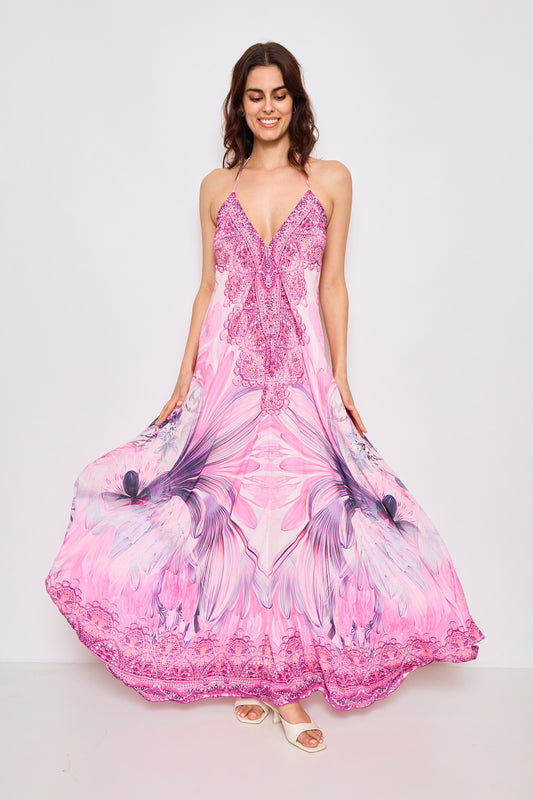 Robe longue dos nue avec strass - F5528B-ROSE