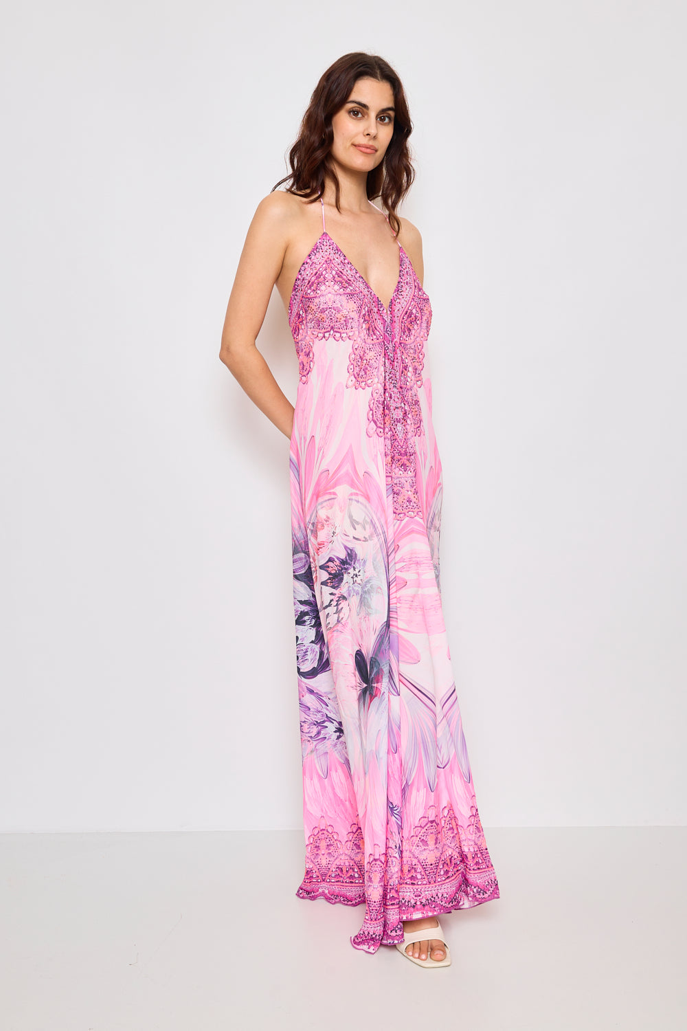 Robe longue dos nue avec strass - F5528B-ROSE