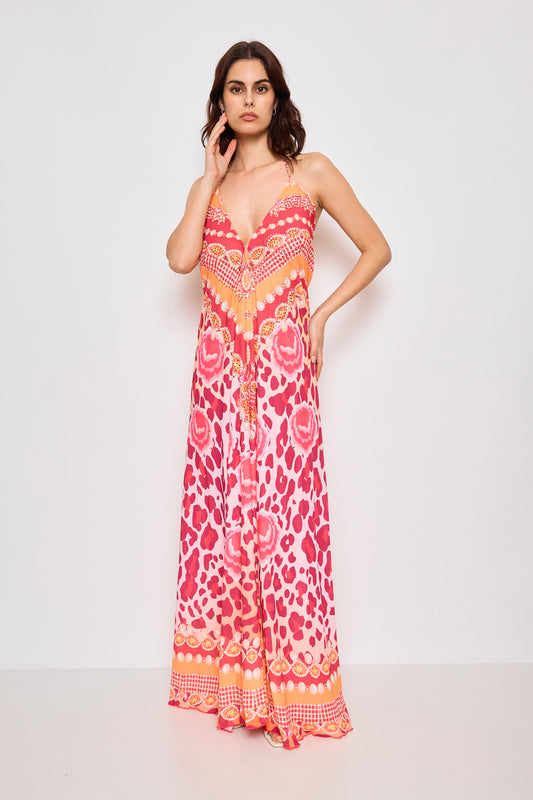 Robe longue dos nue avec strass - F5522A-ROSE