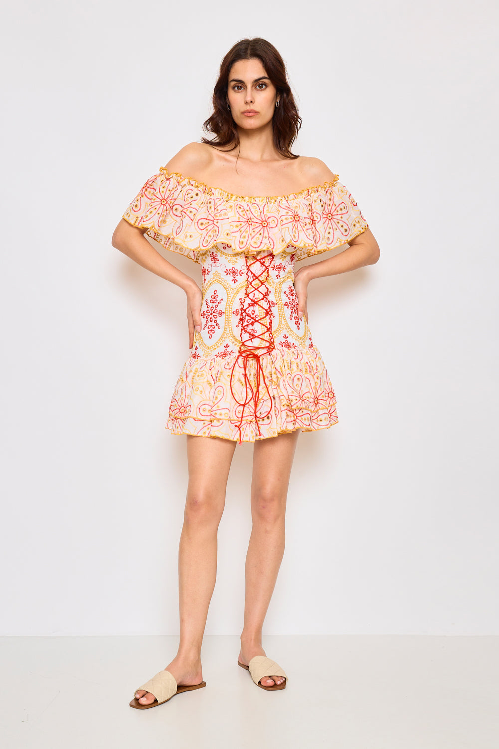 Off-the-shoulder short dress with openwork embroidery - 3082