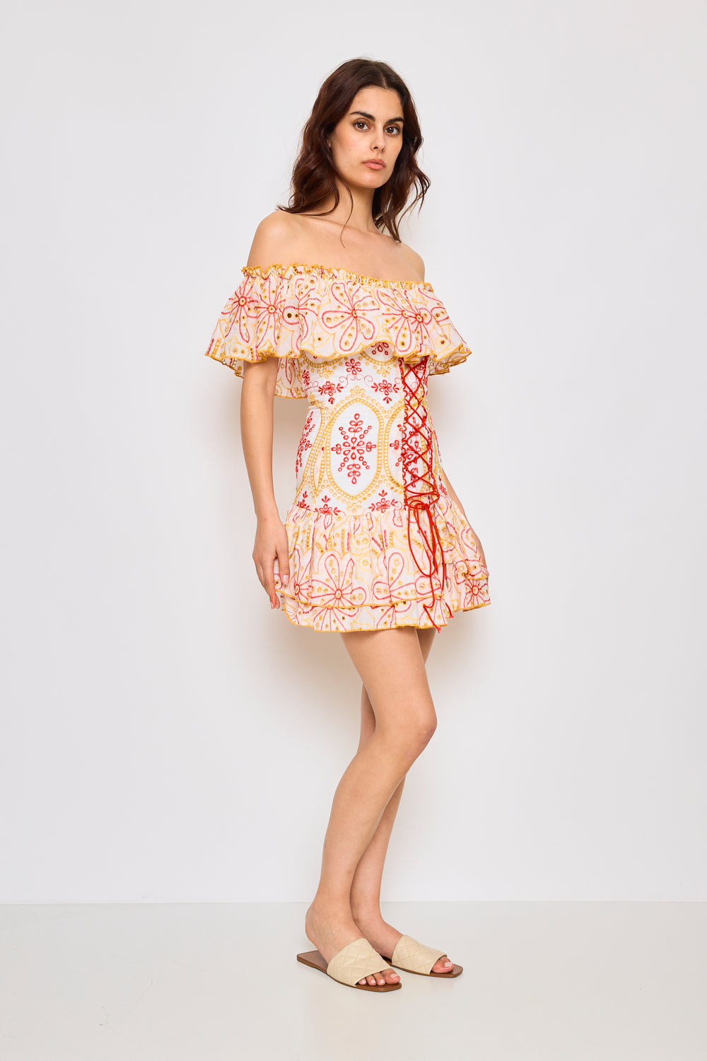 Off-the-shoulder short dress with openwork embroidery - 3082