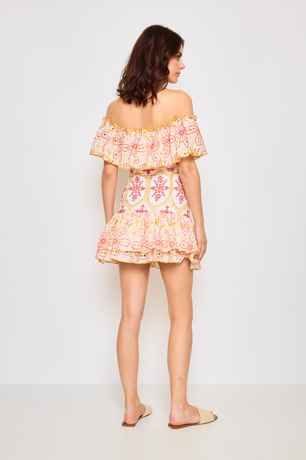 Off-the-shoulder short dress with openwork embroidery - 3082