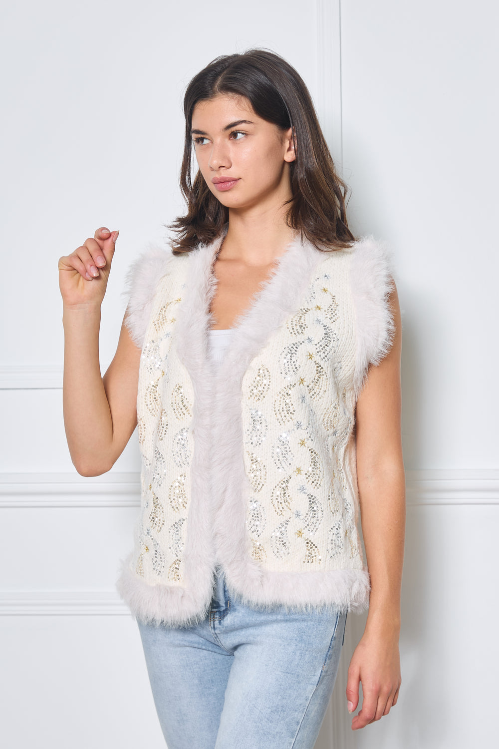 Gilet sans manches en maille avec fausse fourrure - 5385