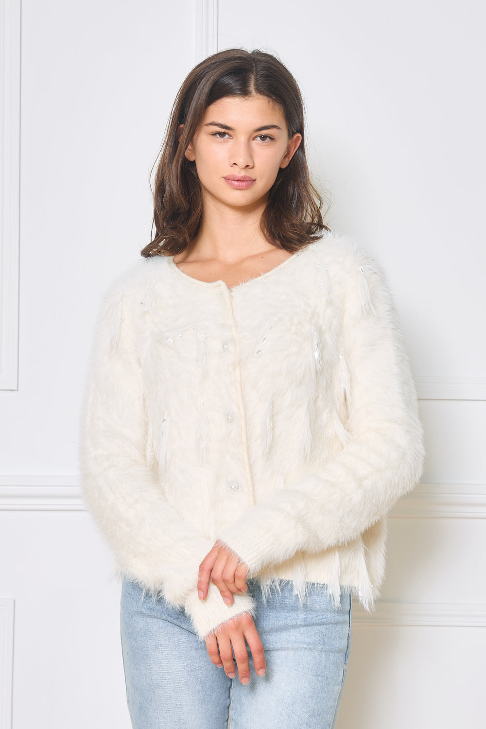 Cardigan doux au toucher avec plumes - 2470