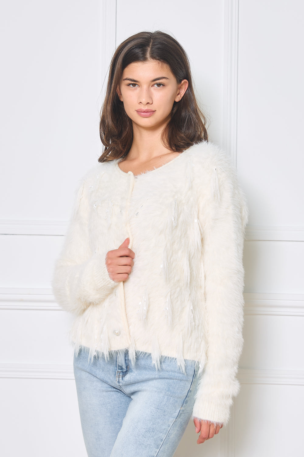 Cardigan doux au toucher avec plumes - 2470