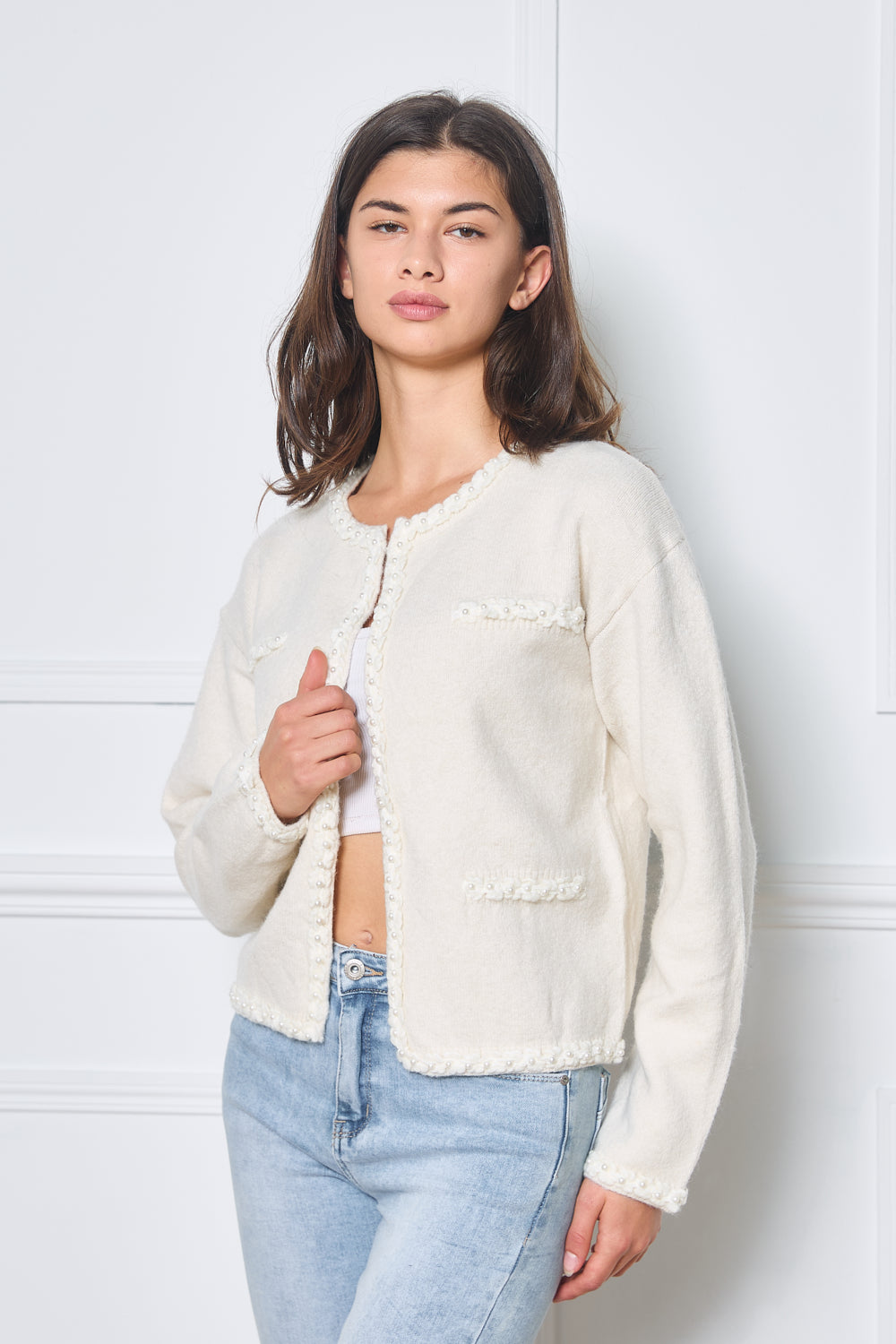 Cardigan ajusté en maille avec broderies florales - 5381