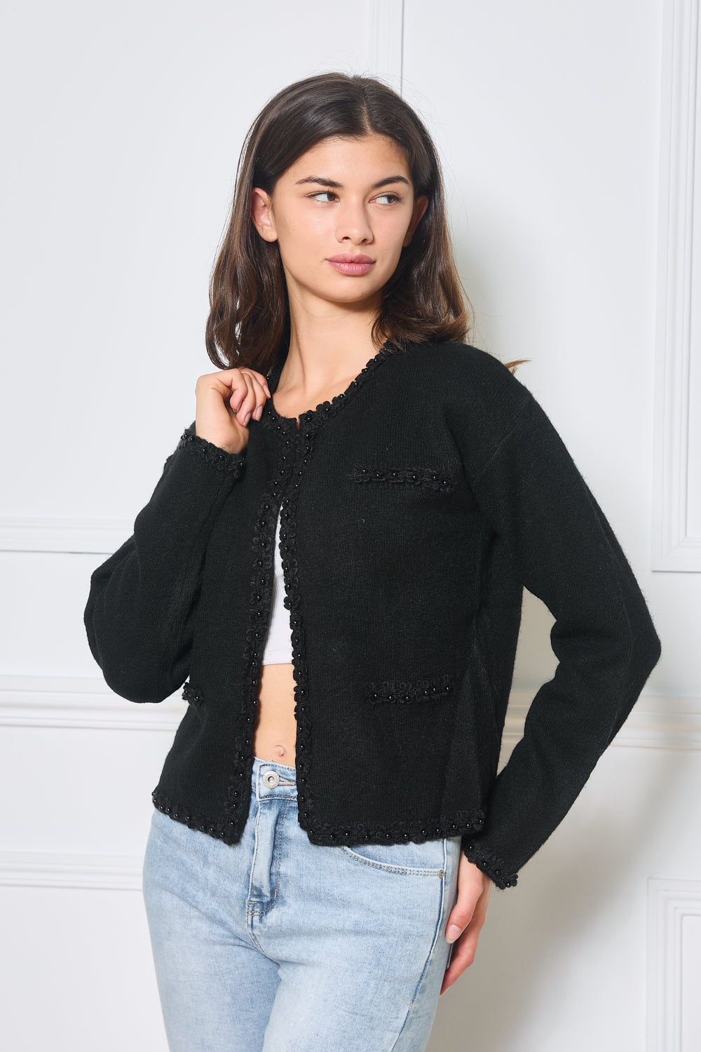 Cardigan ajusté en maille avec broderies florales - 5381