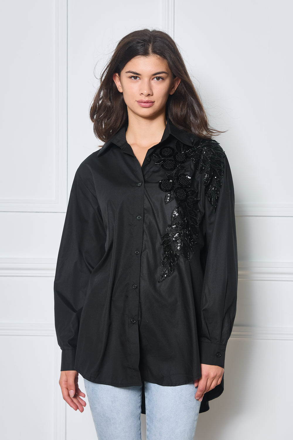 Chemise en popeline oversize avec strass appliqués - 2489