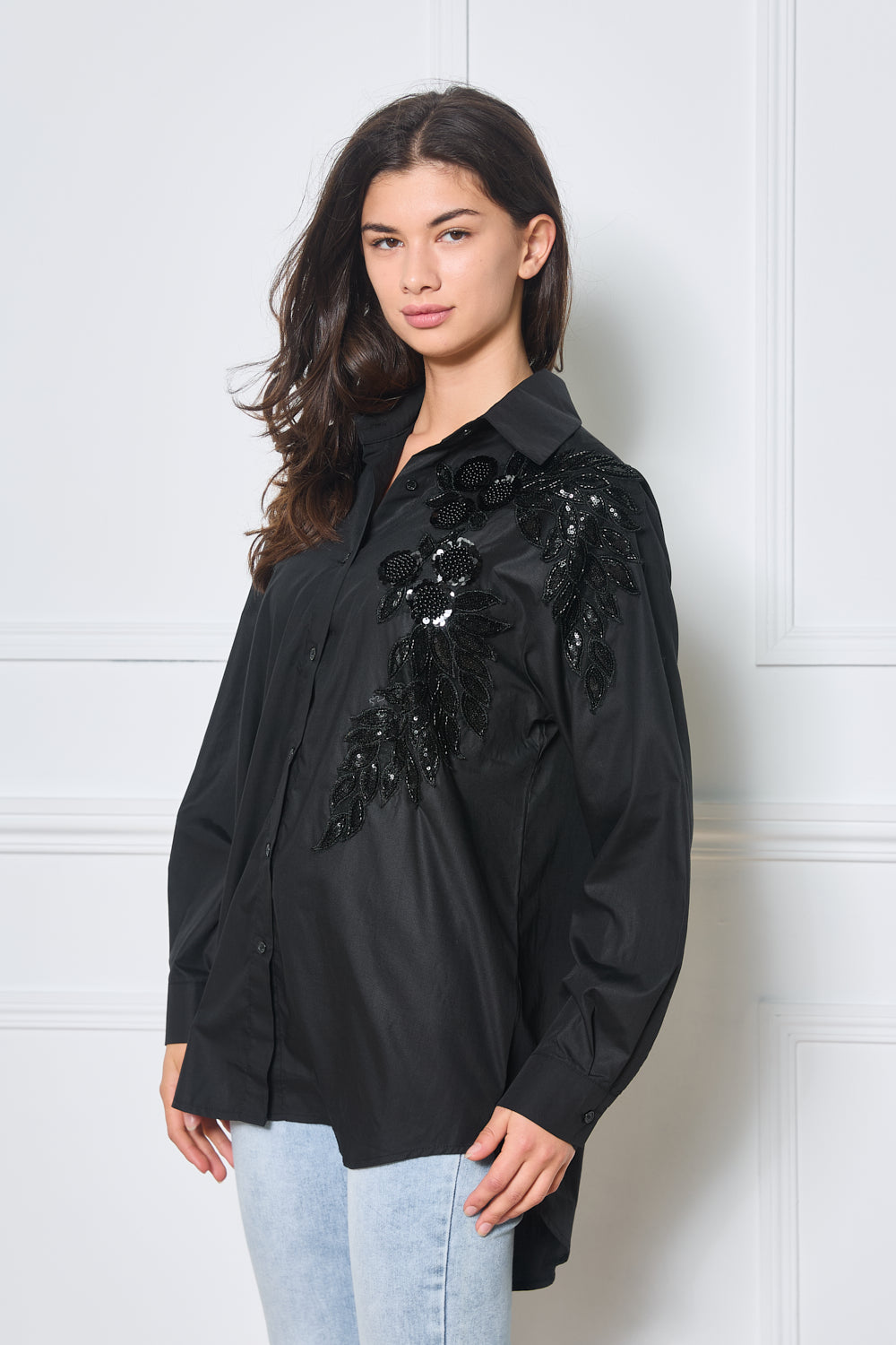 Chemise en popeline oversize avec strass appliqués - 2489