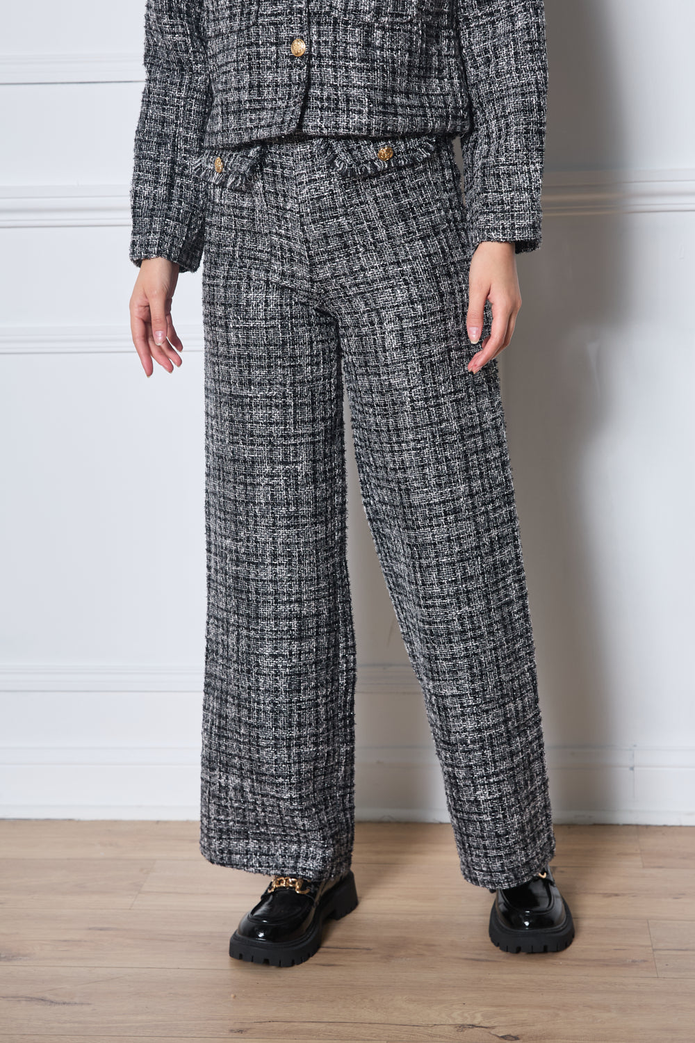 Pantalon en tweed avec boutons décoratifs pour femme - 2559