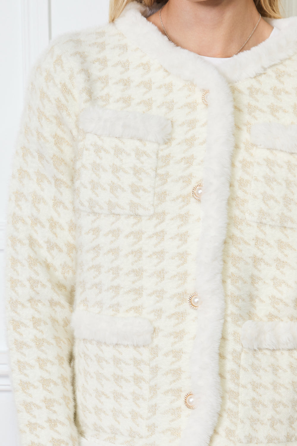 Cardigan à motif pied-de-poule avec finitions en fausse fourrure - 580