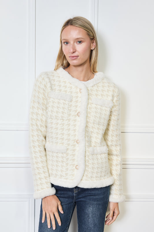 Cardigan à motif pied-de-poule avec finitions en fausse fourrure - 580