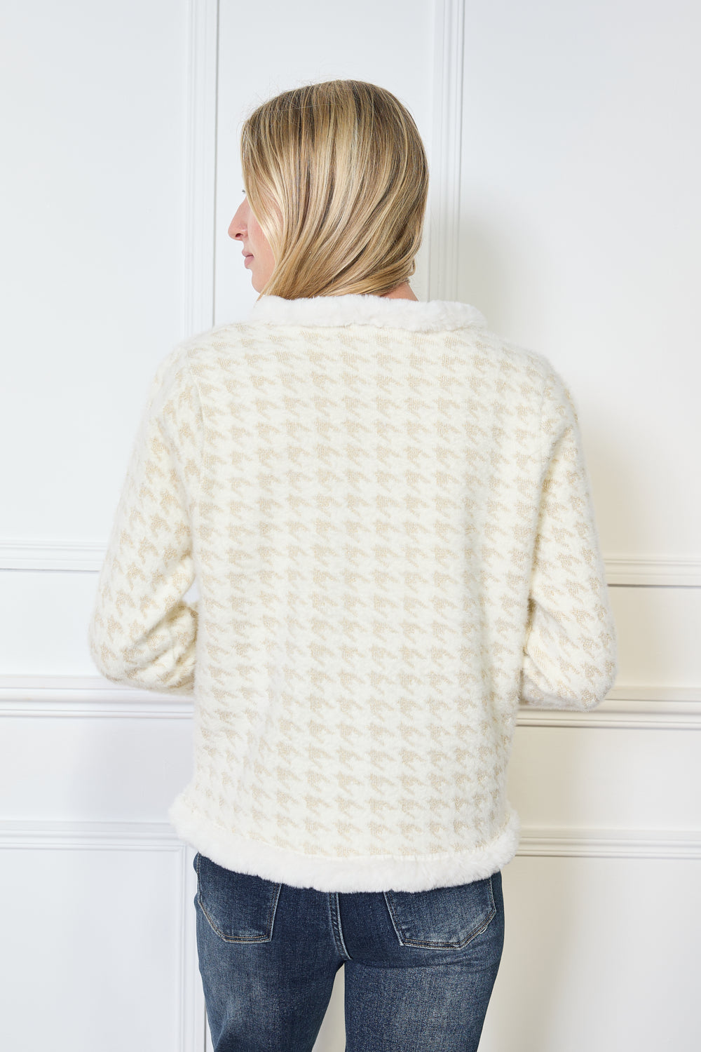 Cardigan à motif pied-de-poule avec finitions en fausse fourrure - 580