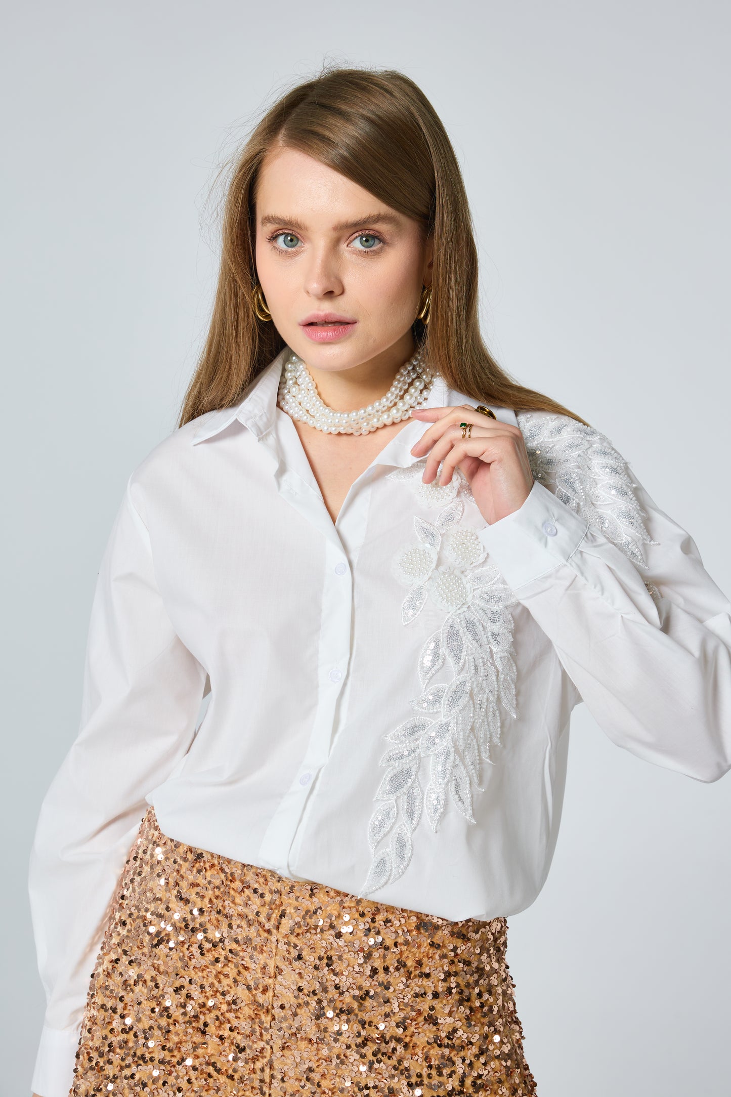 Chemise en popeline oversize avec strass appliqués - 2489