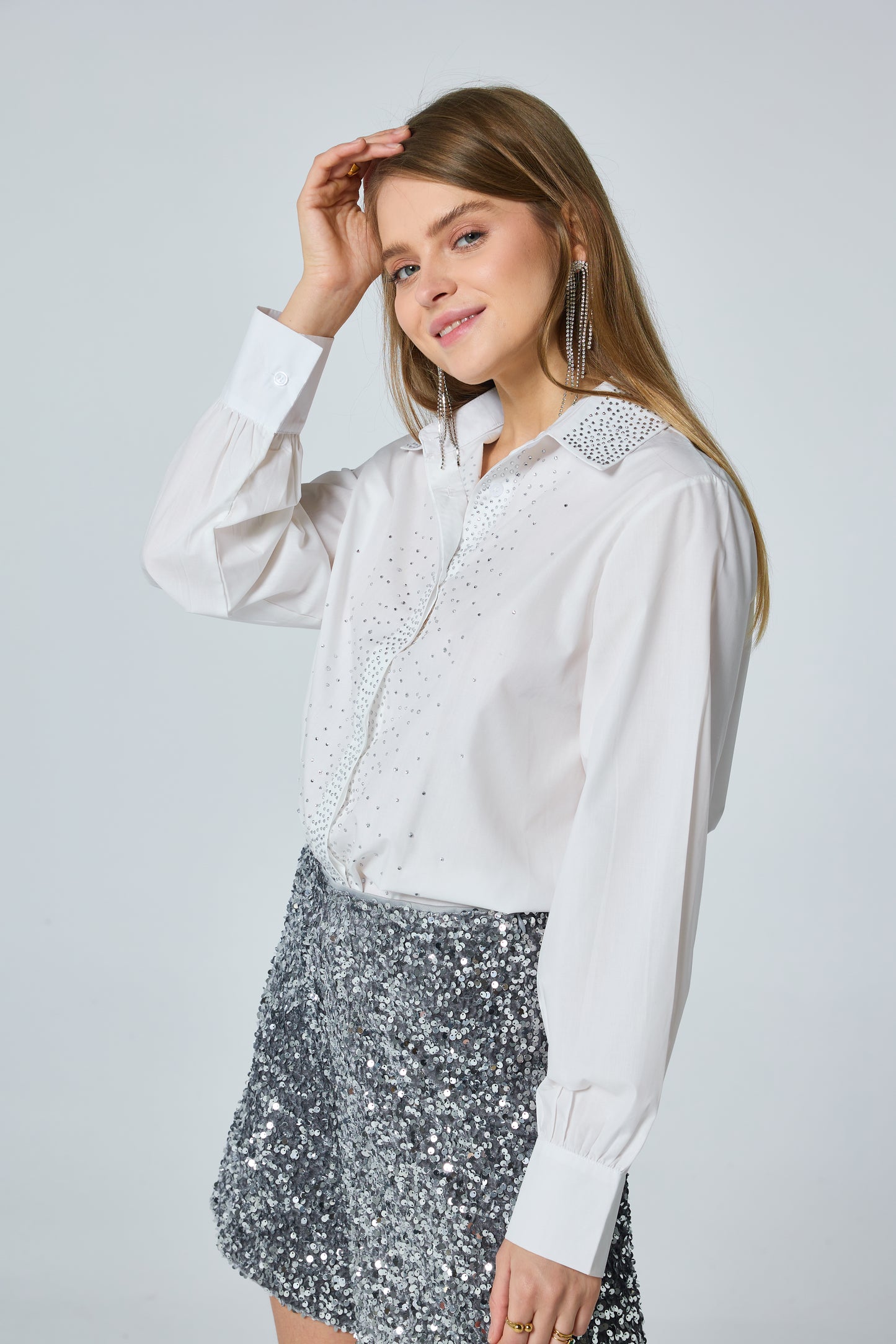 Chemise en popeline oversize avec strass appliqués - 2481