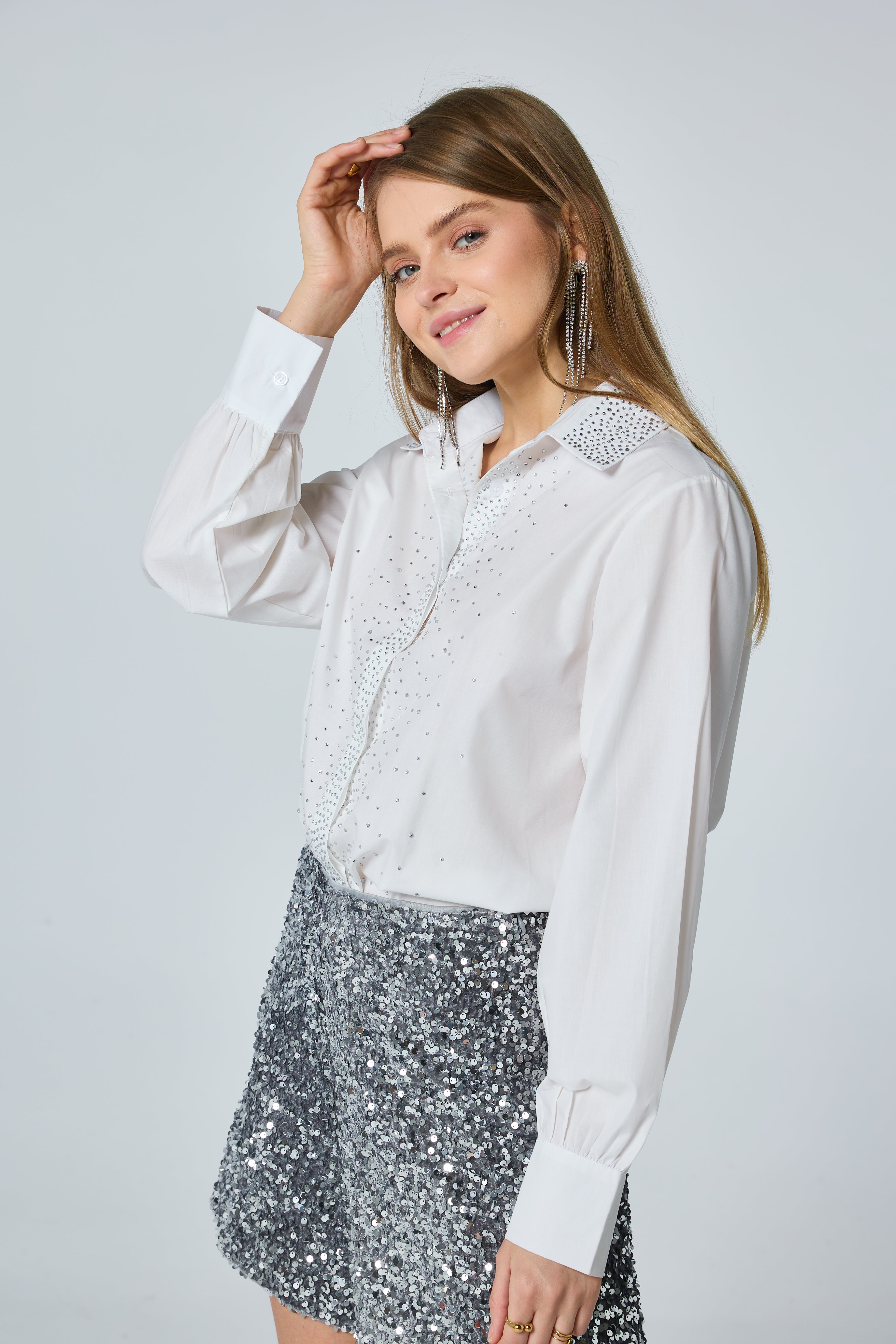 Chemise en popeline oversize avec strass appliqués - 2481