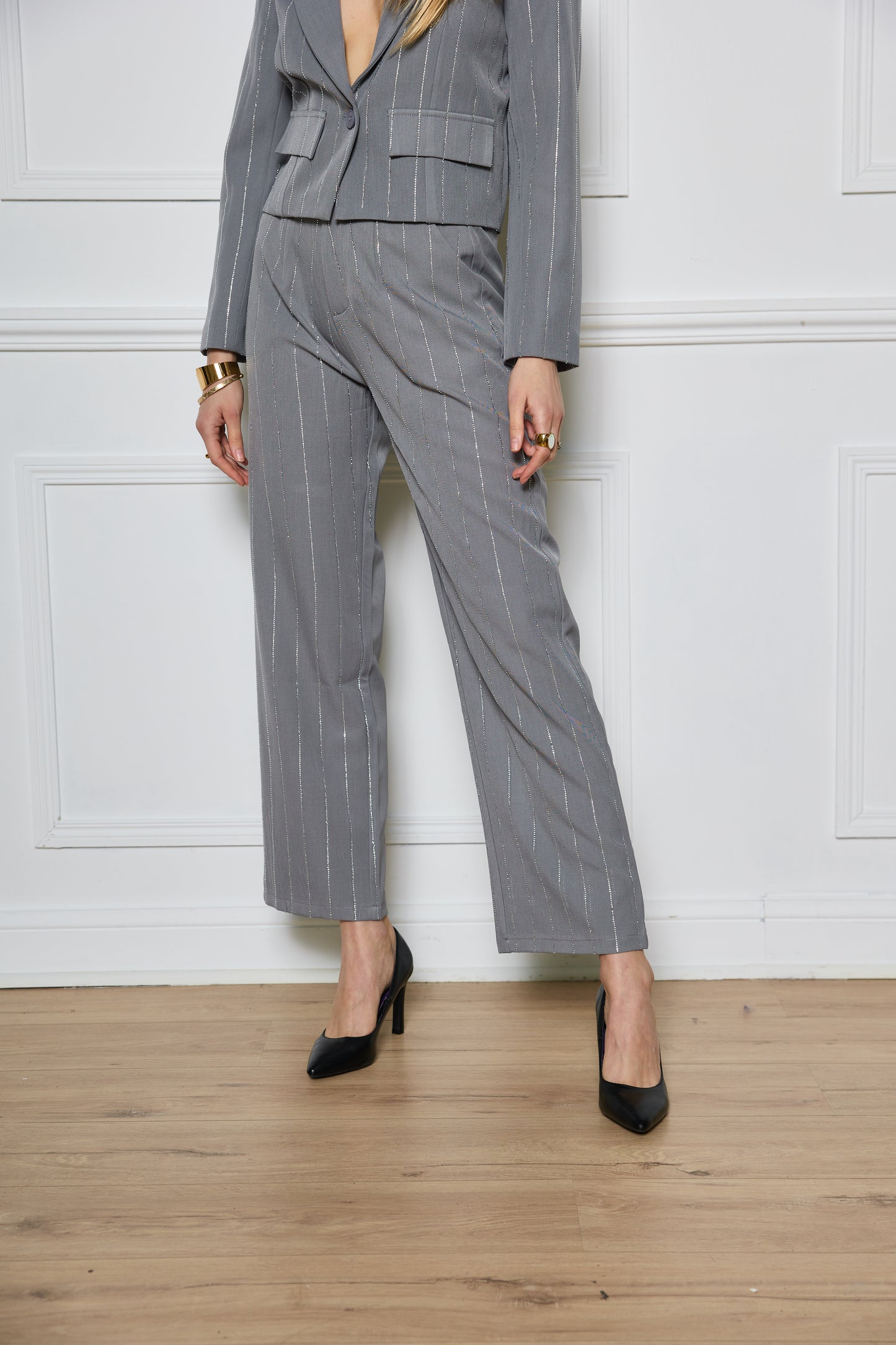 Pantalon de tailleur pincé à jambes larges avec strass - 2494