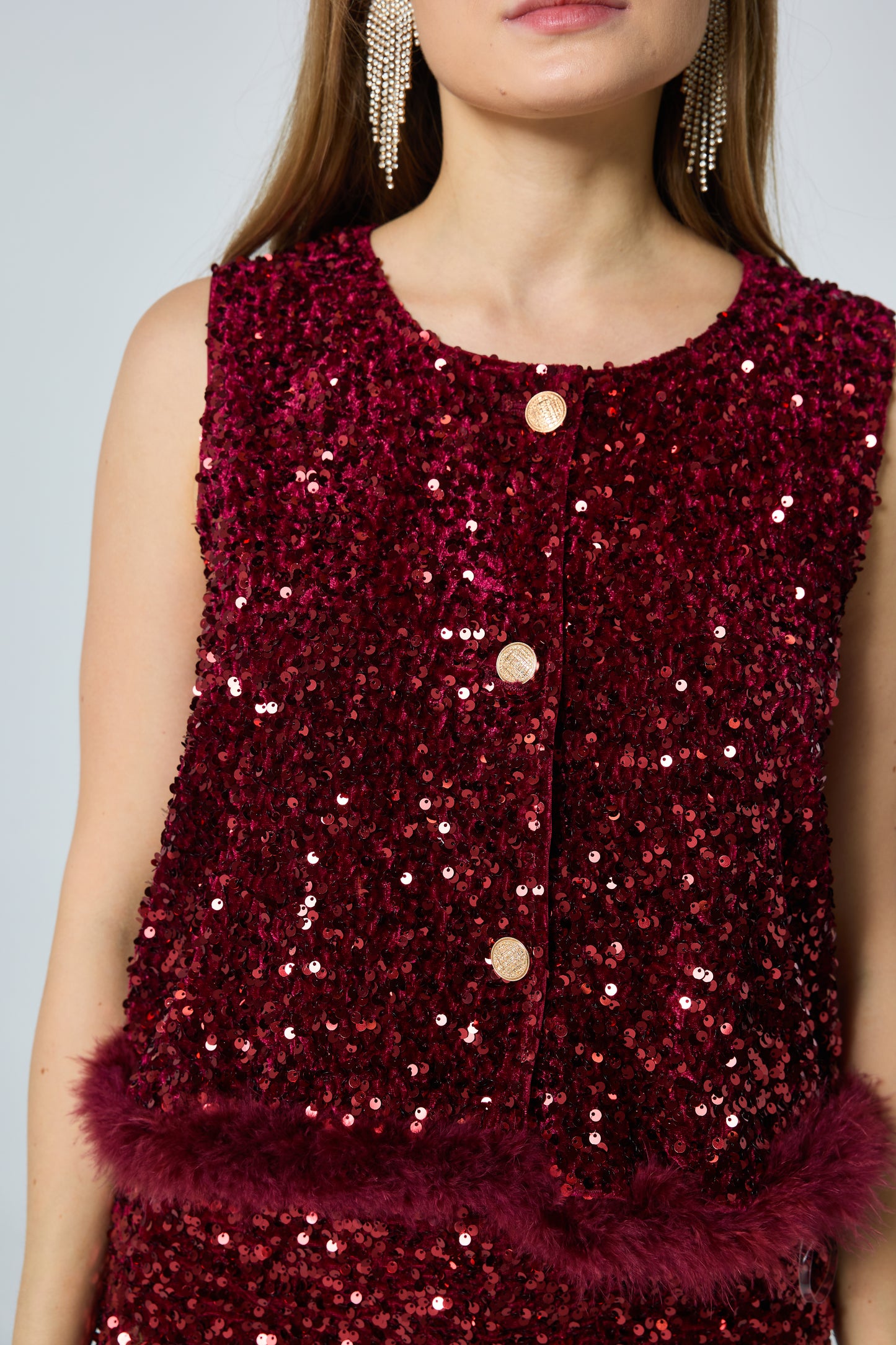 Gilet sans manches à sequins et détail fausse fourrure - 3113