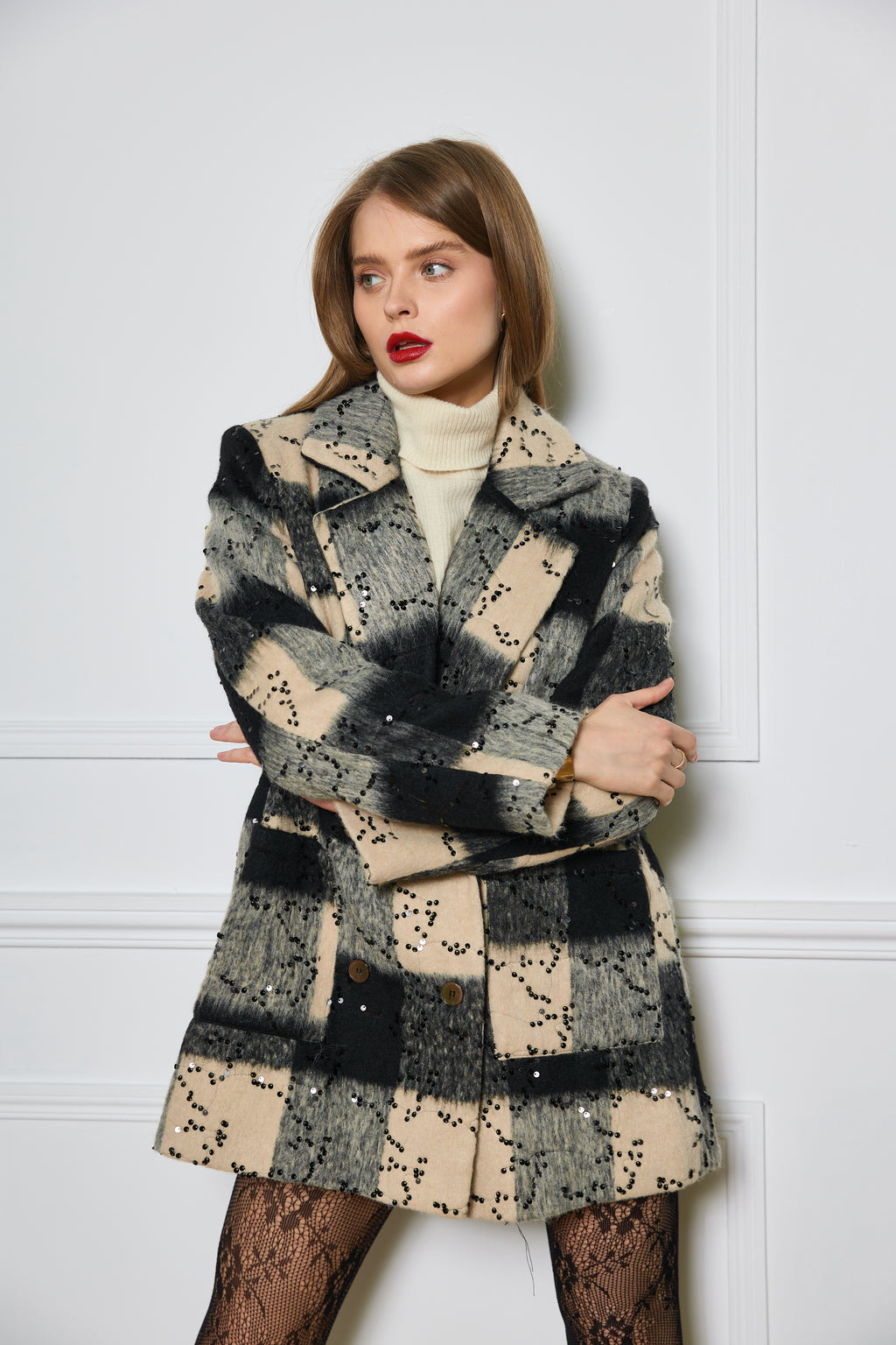 Mid-length double-breasted coat with rhinestones and large pockets - 2451