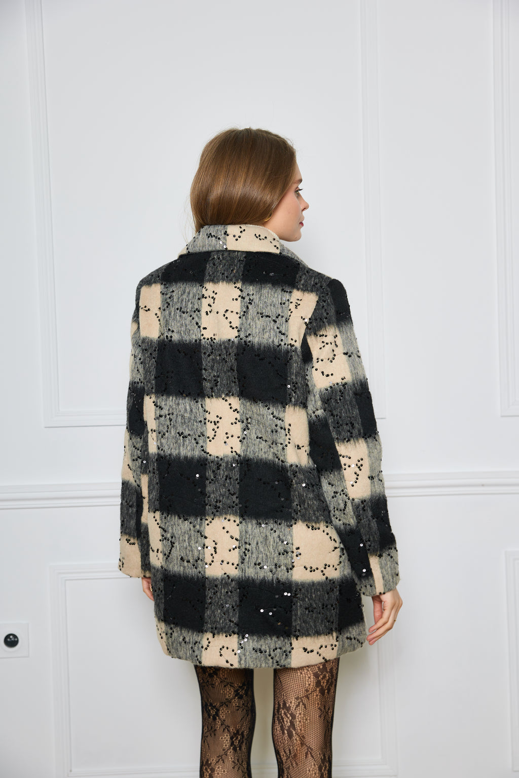 Mid-length double-breasted coat with rhinestones and large pockets - 2451