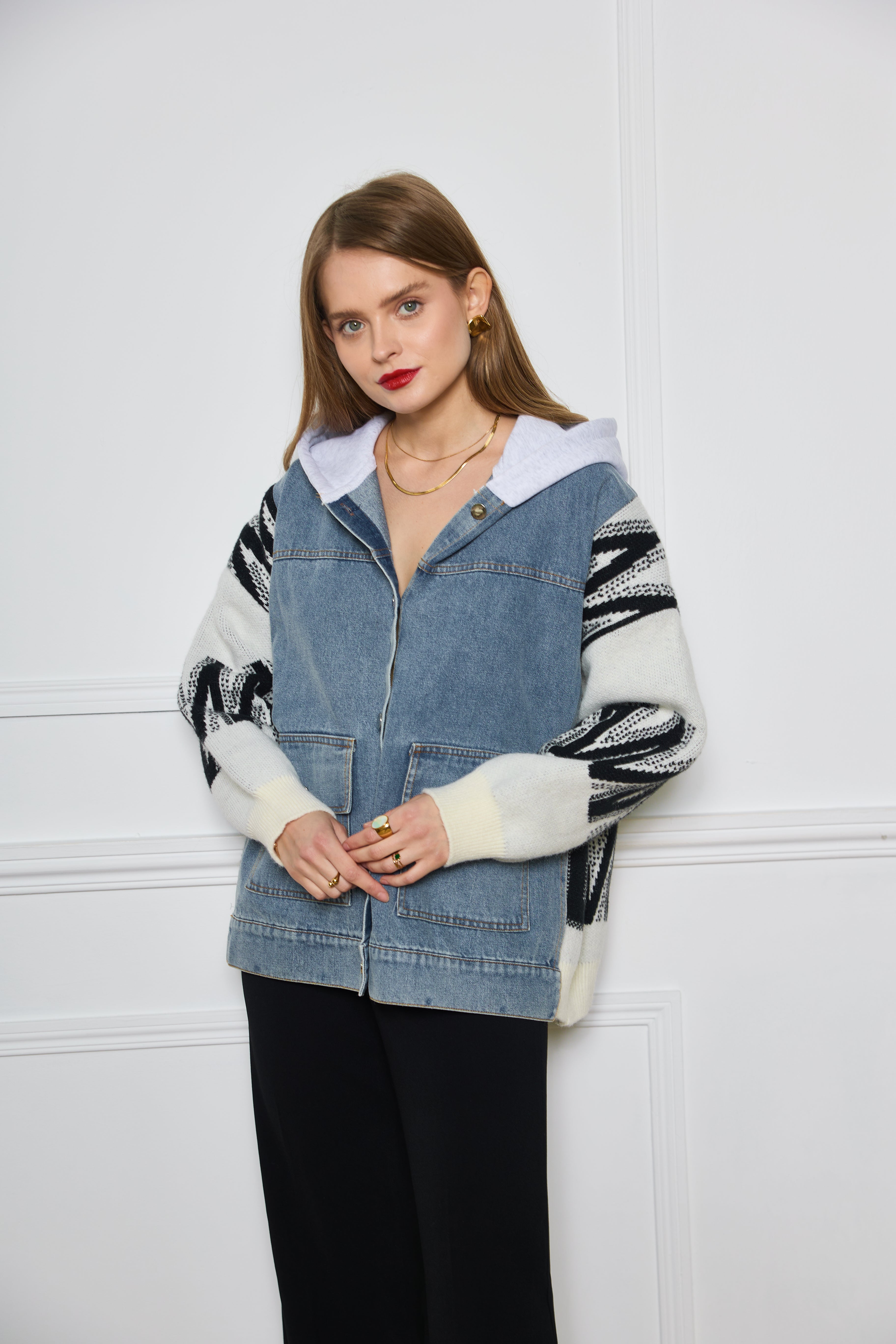 Veste en Jean avec Manches Tricot et Capuche - 593