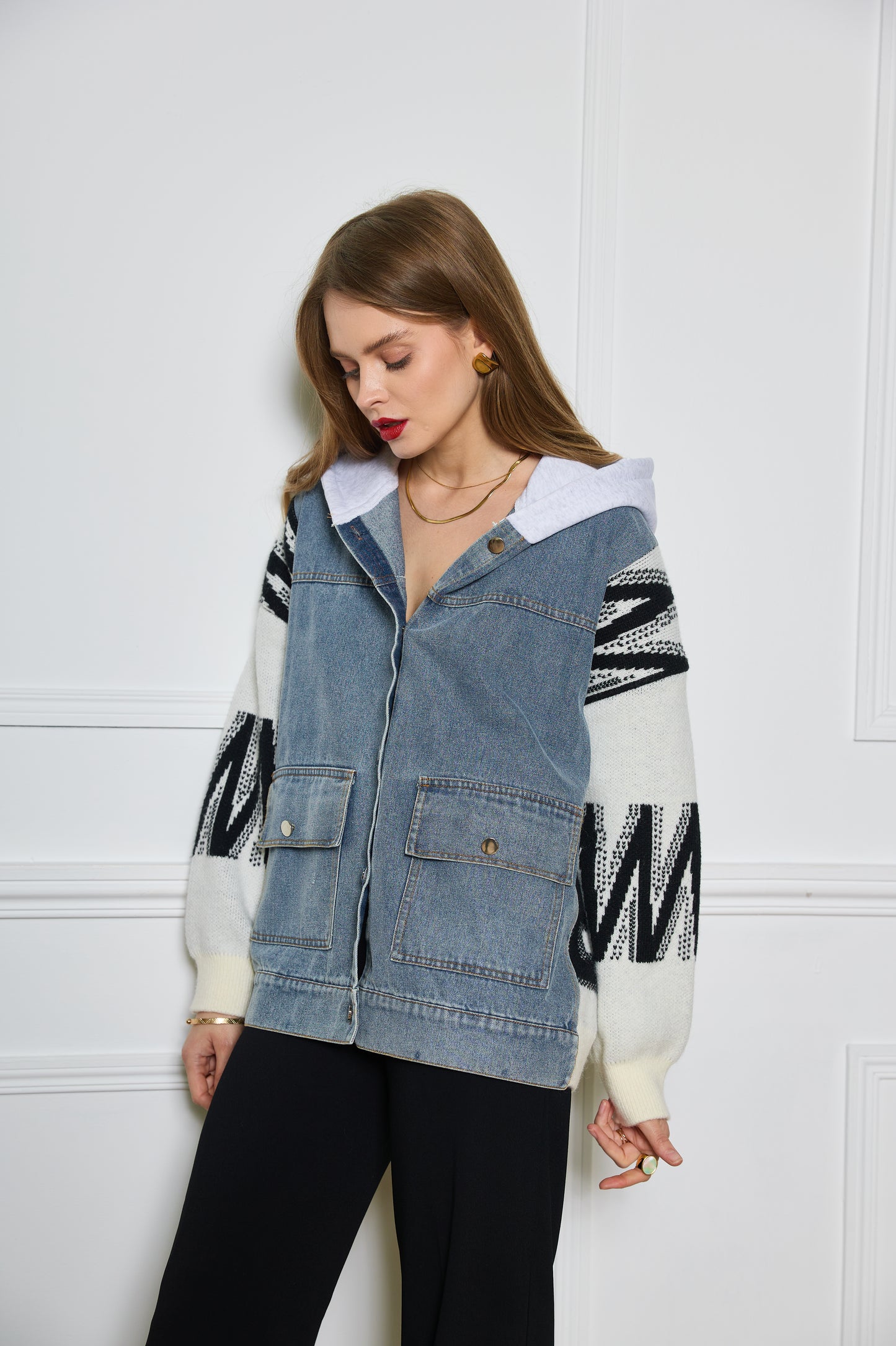 Veste en Jean avec Manches Tricot et Capuche - 593