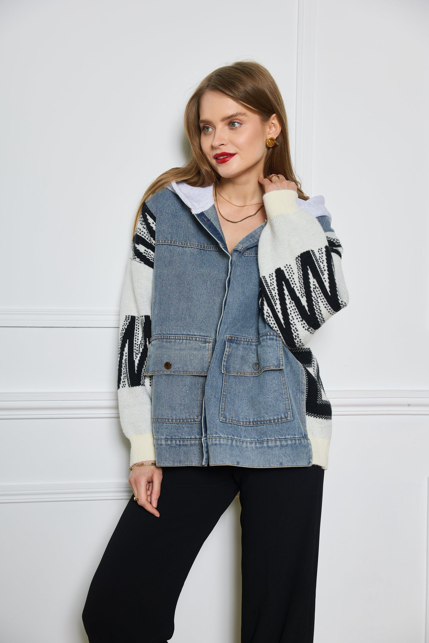 Veste en Jean avec Manches Tricot et Capuche - 593