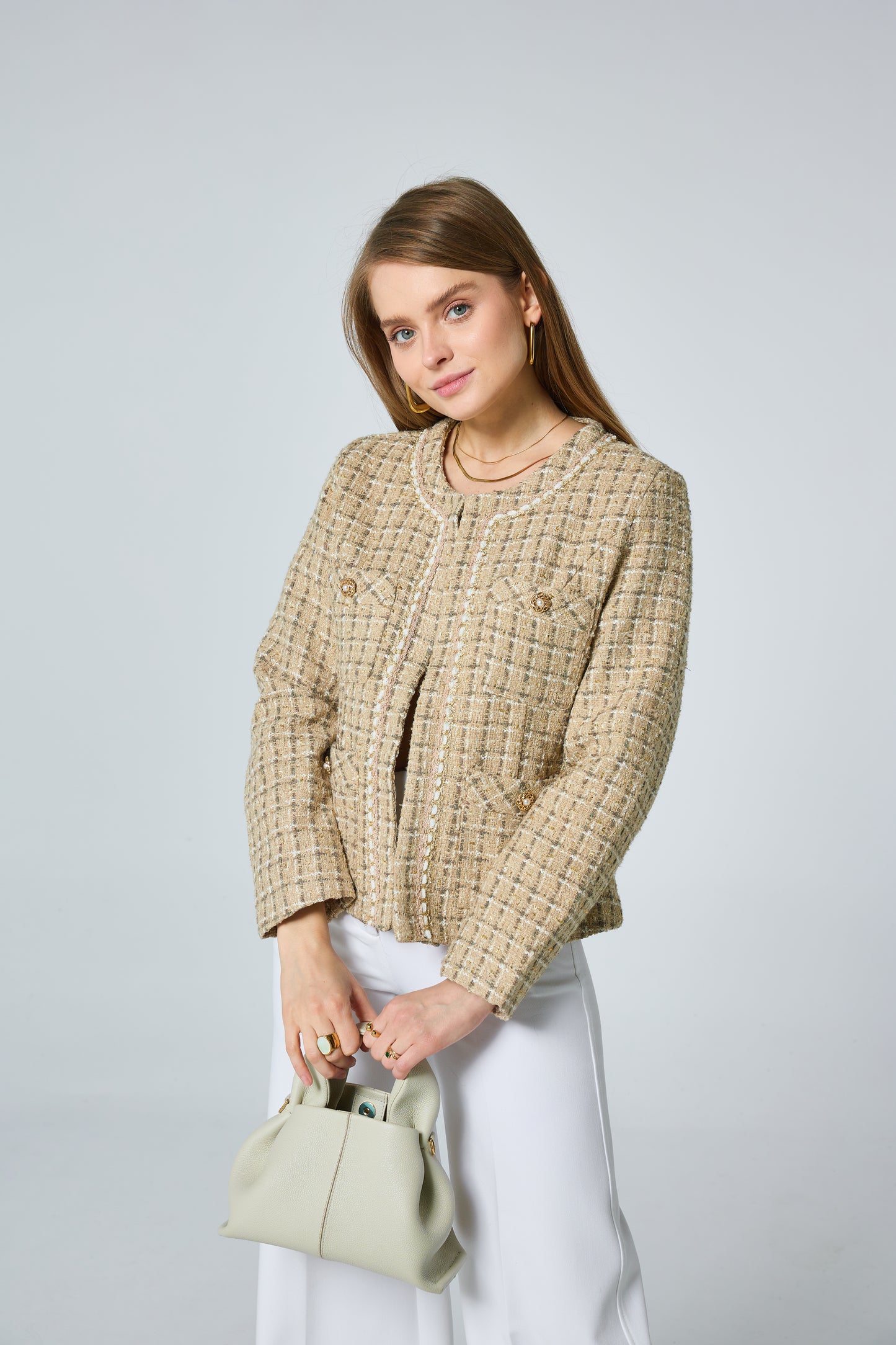 Veste en Tweed Beige Classique - 2555