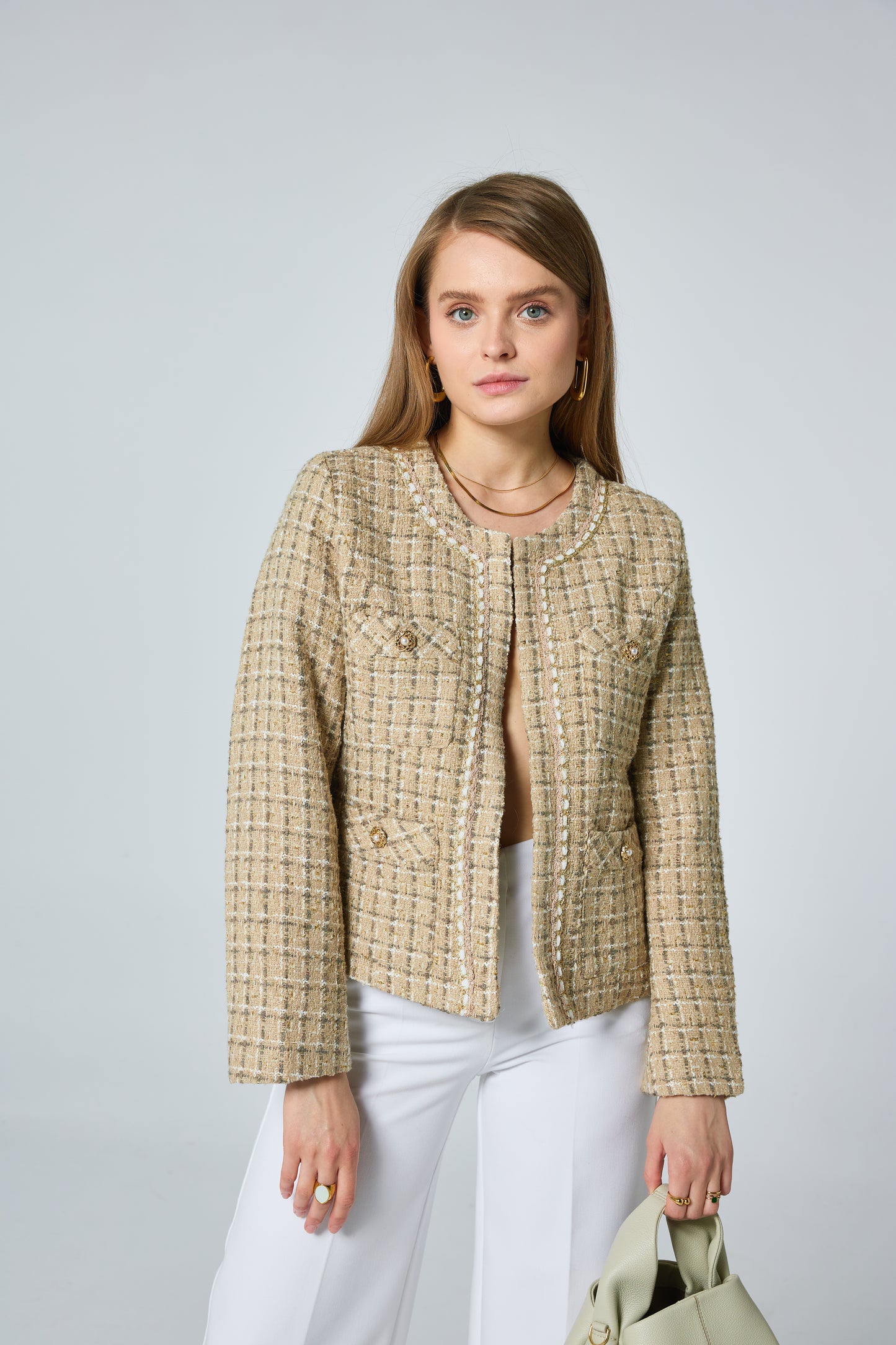 Veste en Tweed Beige Classique - 2555