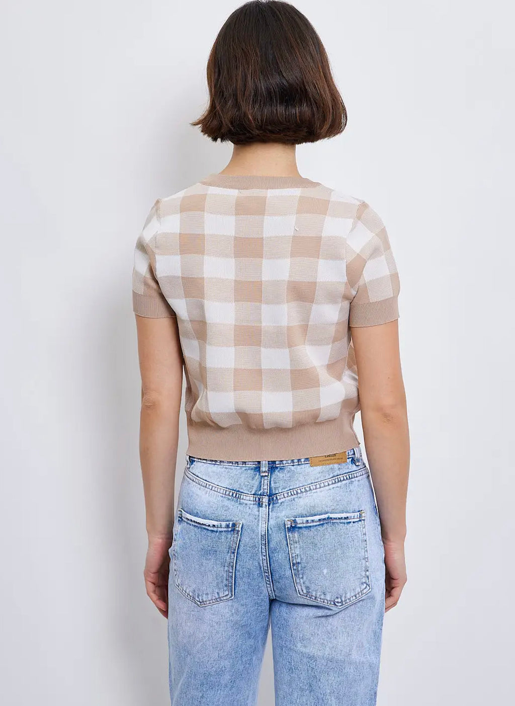Pull manches courtes en maille à carreaux - 2339