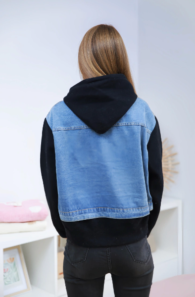 Gilet à capuche bi-matière avec denim - 2483