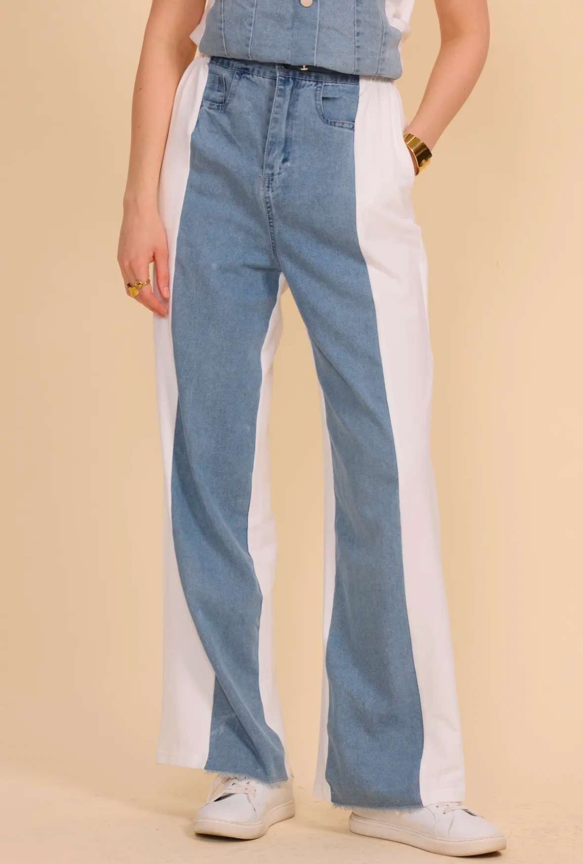 Pantalon bicolore denim et blanc - 2587