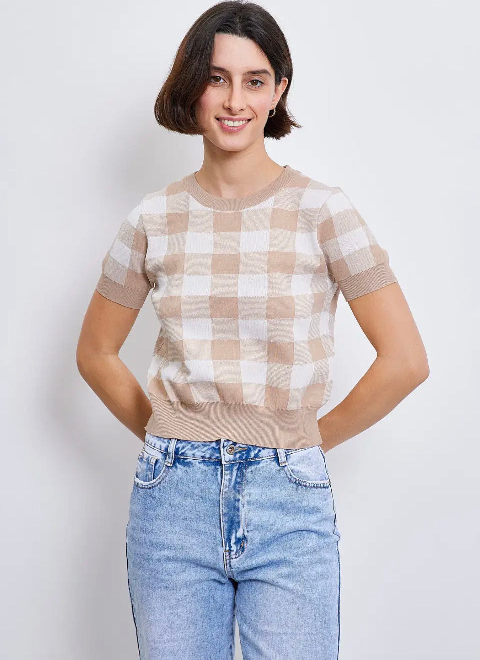 Pull manches courtes en maille à carreaux - 2339