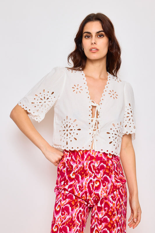 Blouse ample en broderie anglaise avec liens à nouer - 3081