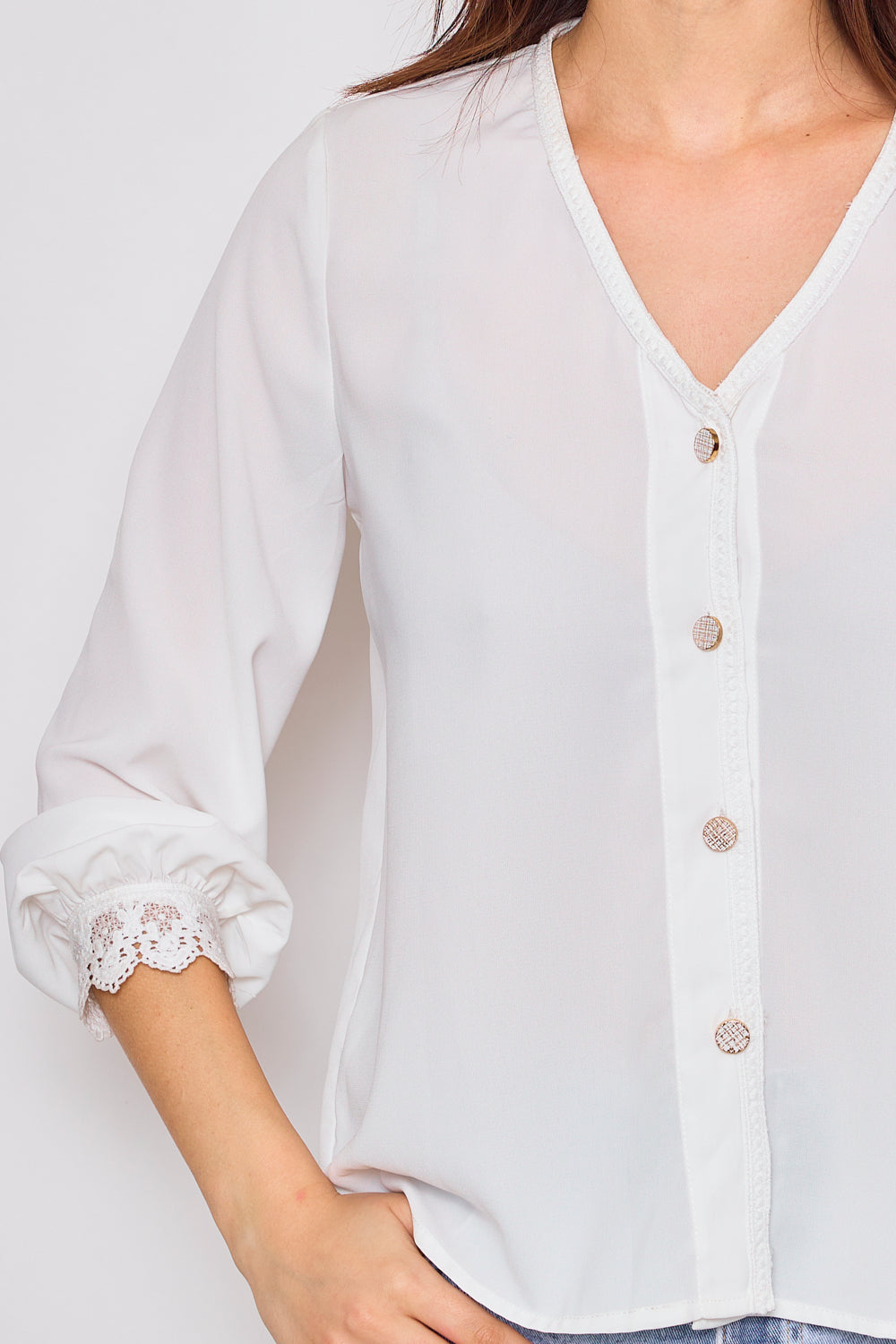 Blouse boutonnée à manches longues avec finition dentelle  - F2623