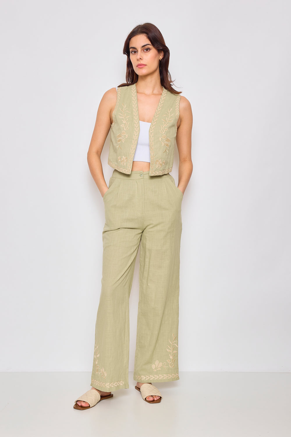 Pantalon uni ajusté à la taille - 2441