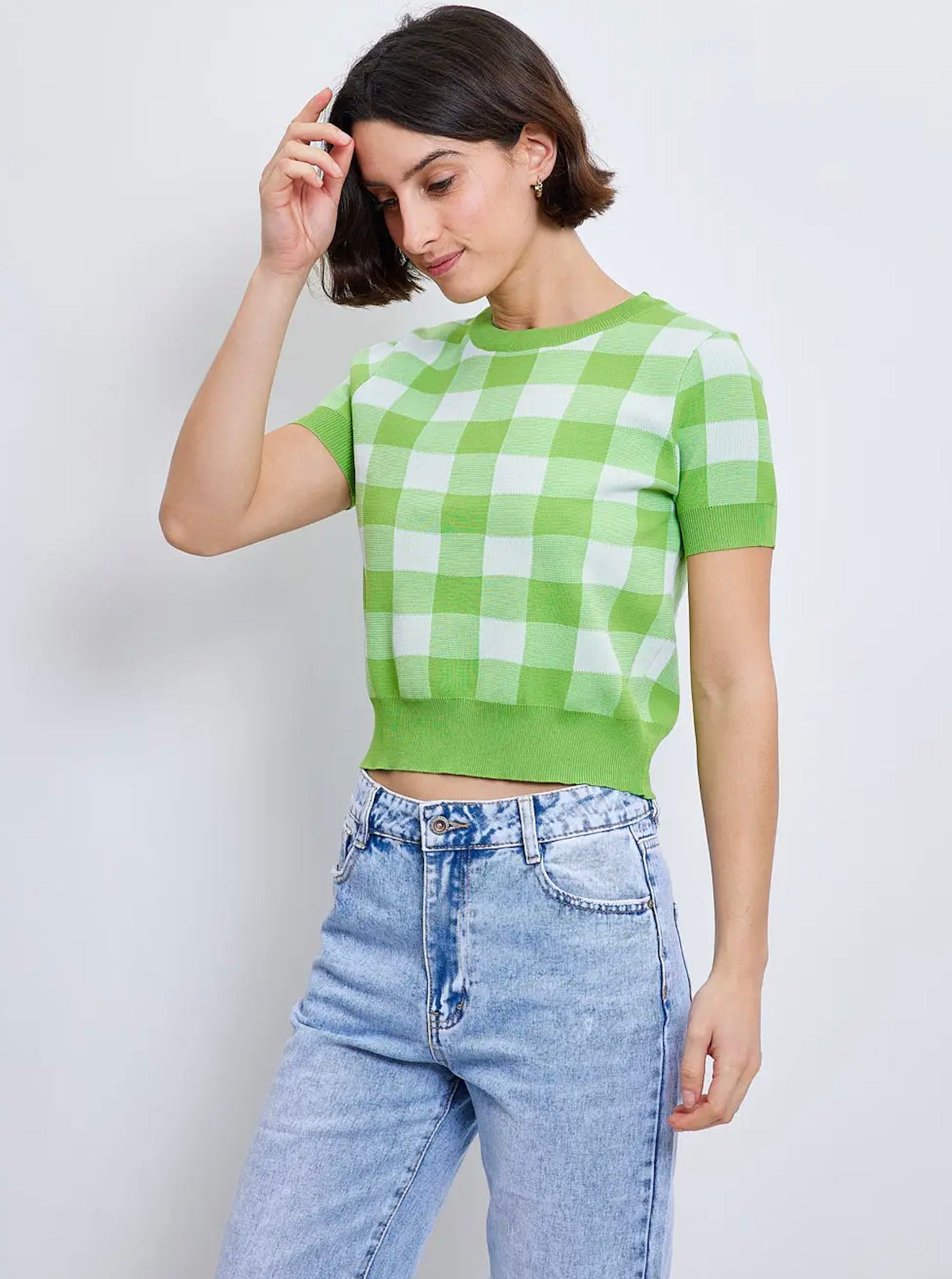 Pull manches courtes en maille à carreaux - 2339