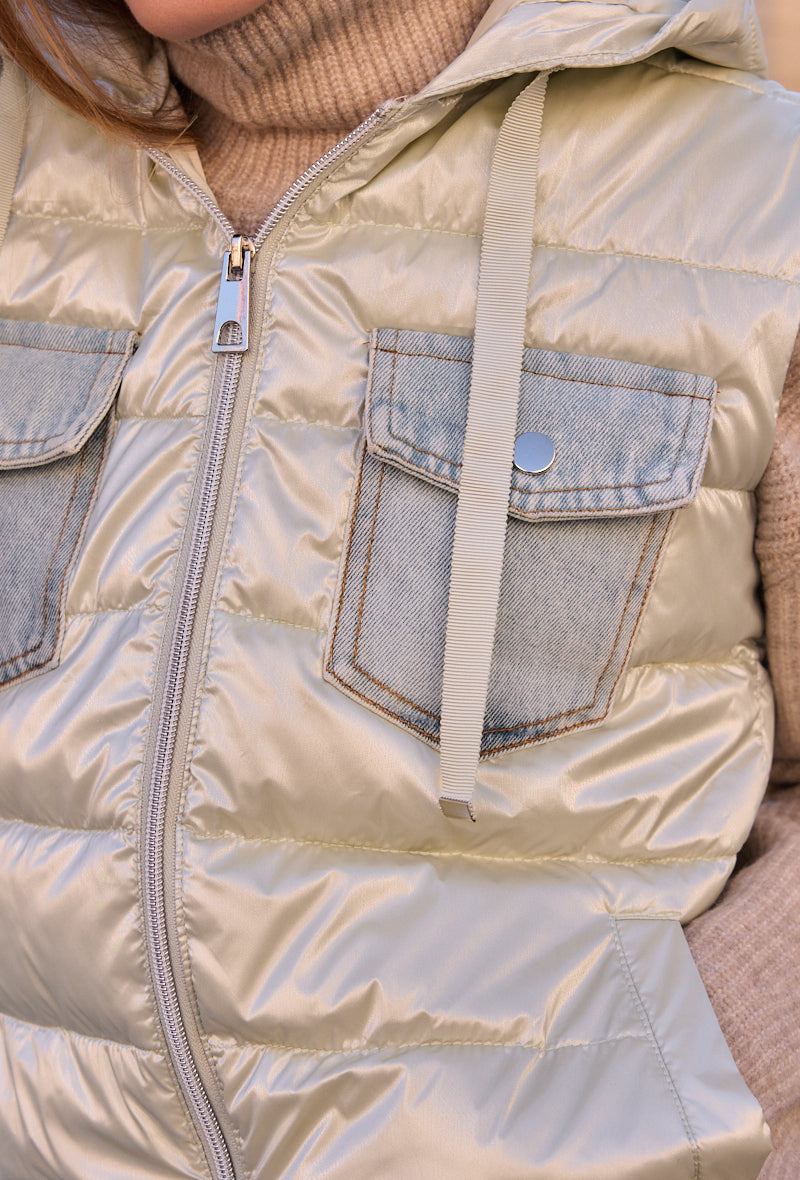 Sleeveless bi-material denim down jacket - 1795