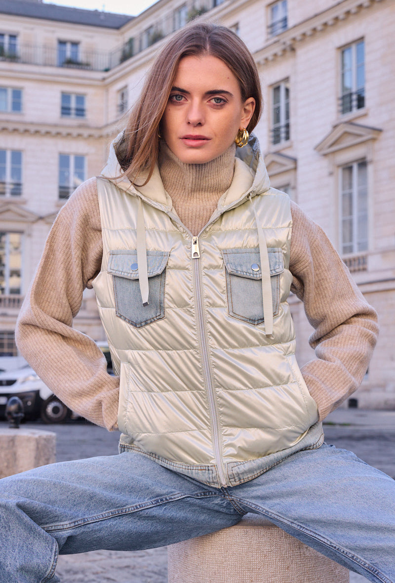 Sleeveless bi-material denim down jacket - 1795