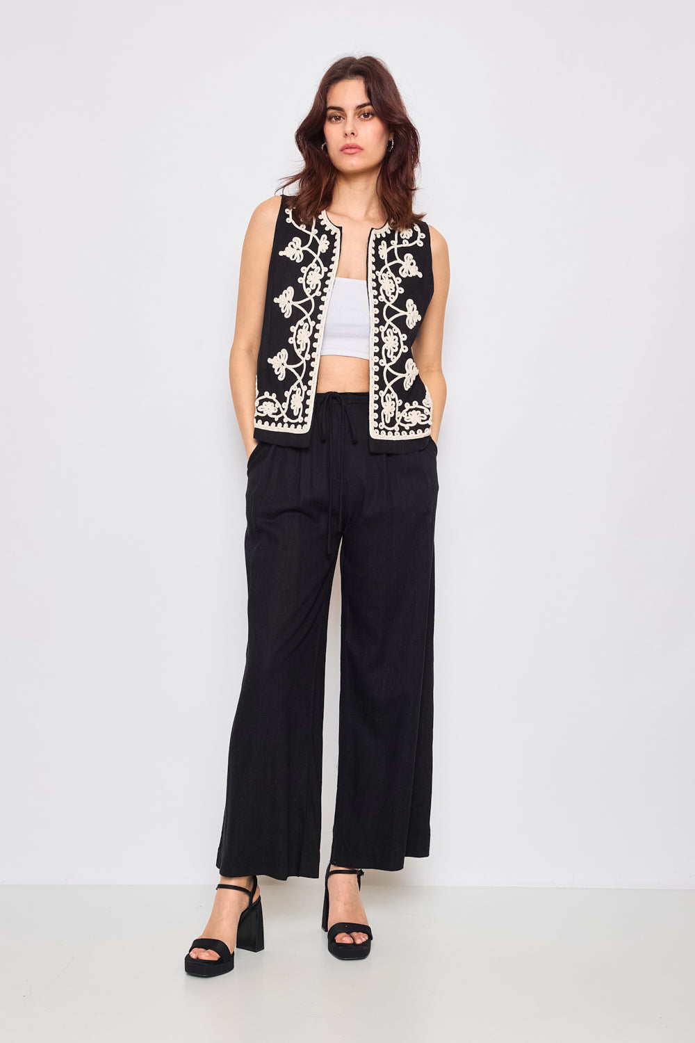 Pantalon coupe large en coton et lin - 2431