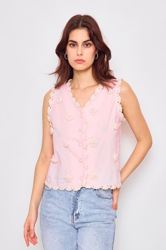 Gilet sans manches orné de broderies délicates en fleurs - 3070